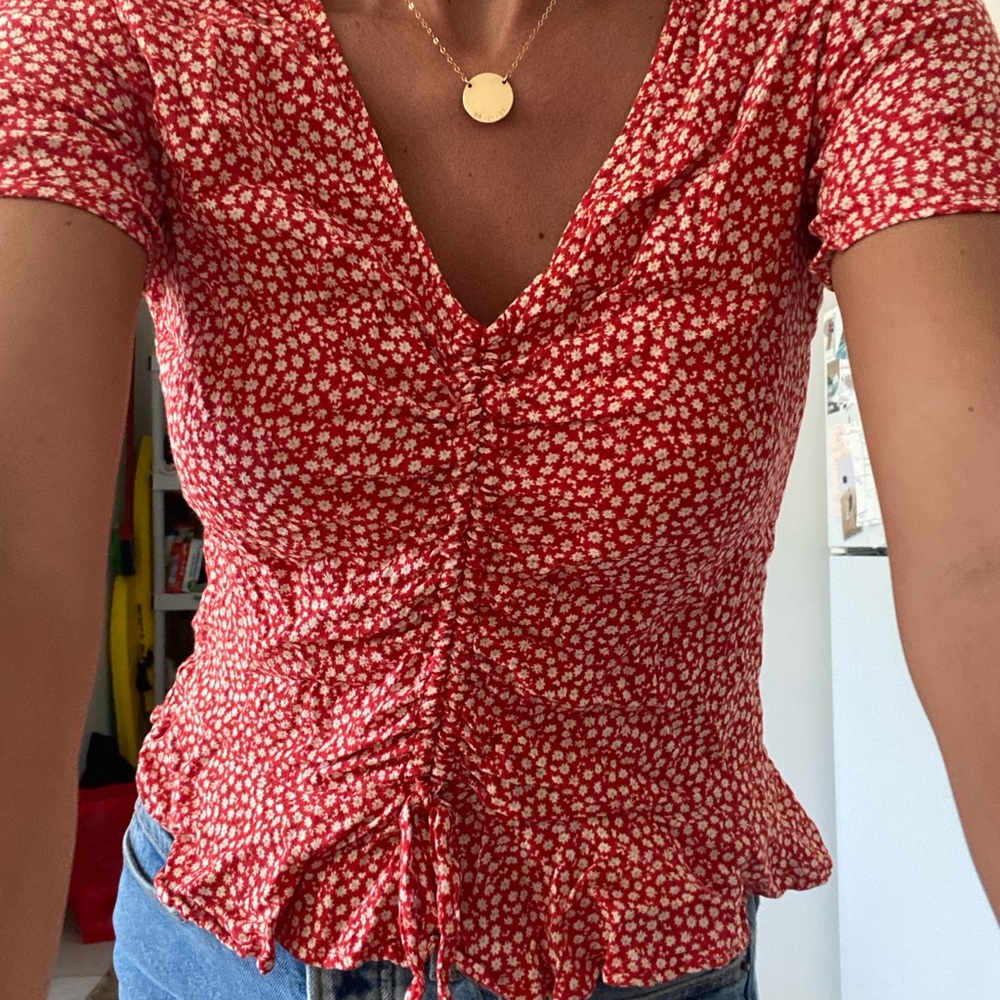 Scrunched red floral top